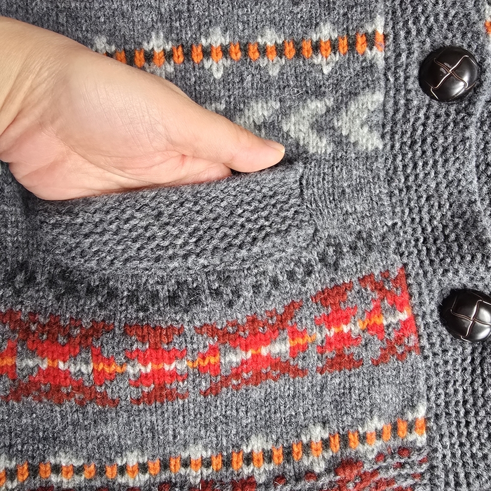 Woolrich Gray Shawl Collar Fair Isle Wool Cardigan with Red & Orange Accents - Picture 6 of 14